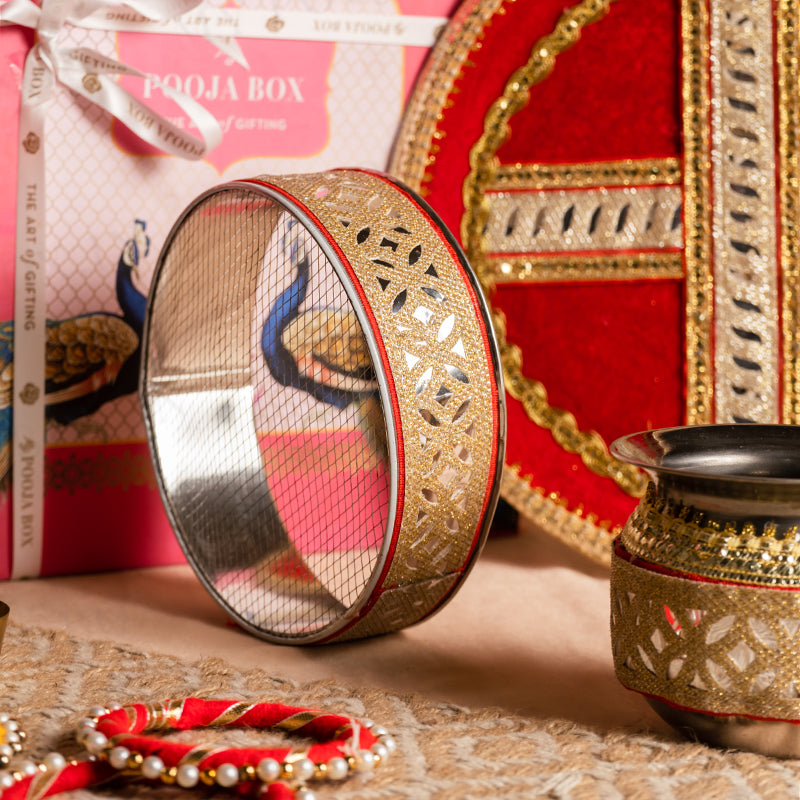 Red Mirrored Karwa Chauth Thali Set
