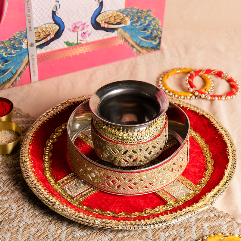 Red Mirrored Karwa Chauth Thali Set