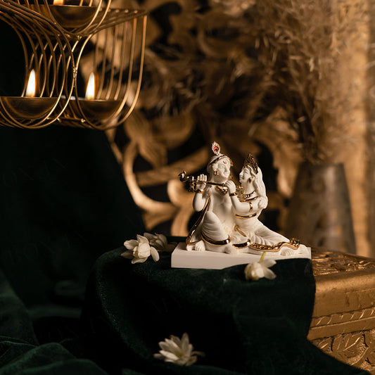 Charming Radha Krishna Gold Plated Marble Idol