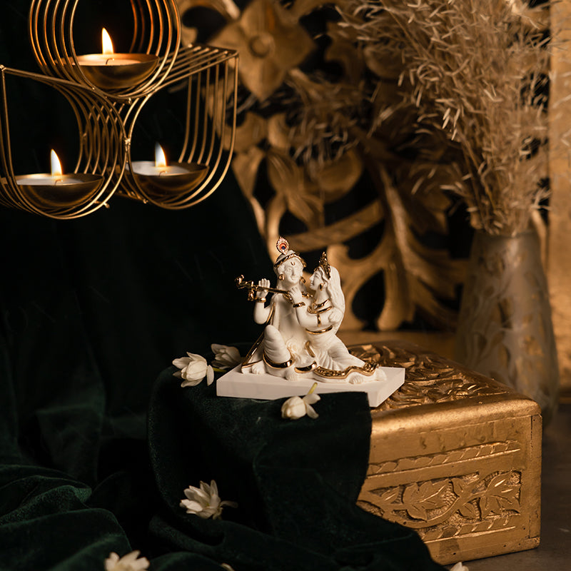 Charming Radha Krishna Gold Plated Marble Idol