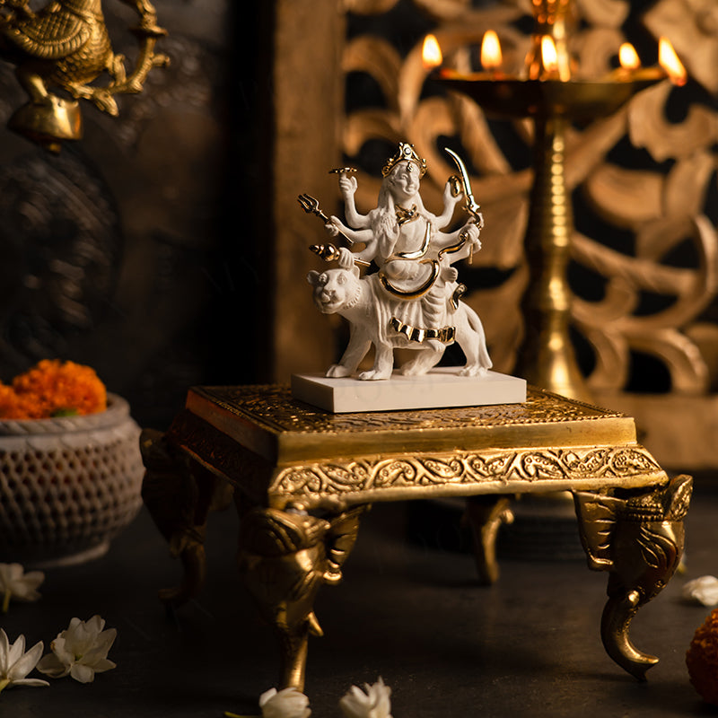 Mystical Sherawali Mata Gold Plated Marble Idol