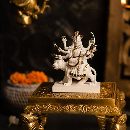 Mystical Sherawali Mata Gold Plated Marble Idol