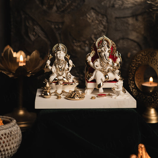 Marvellous Laxmi Ganesha Gold Plated Marble Idol