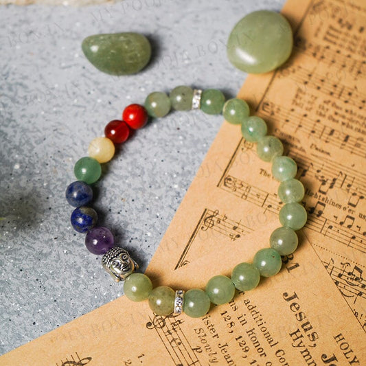 Green Aventurine & 7 Chakra Bracelet with Buddha Head Charm