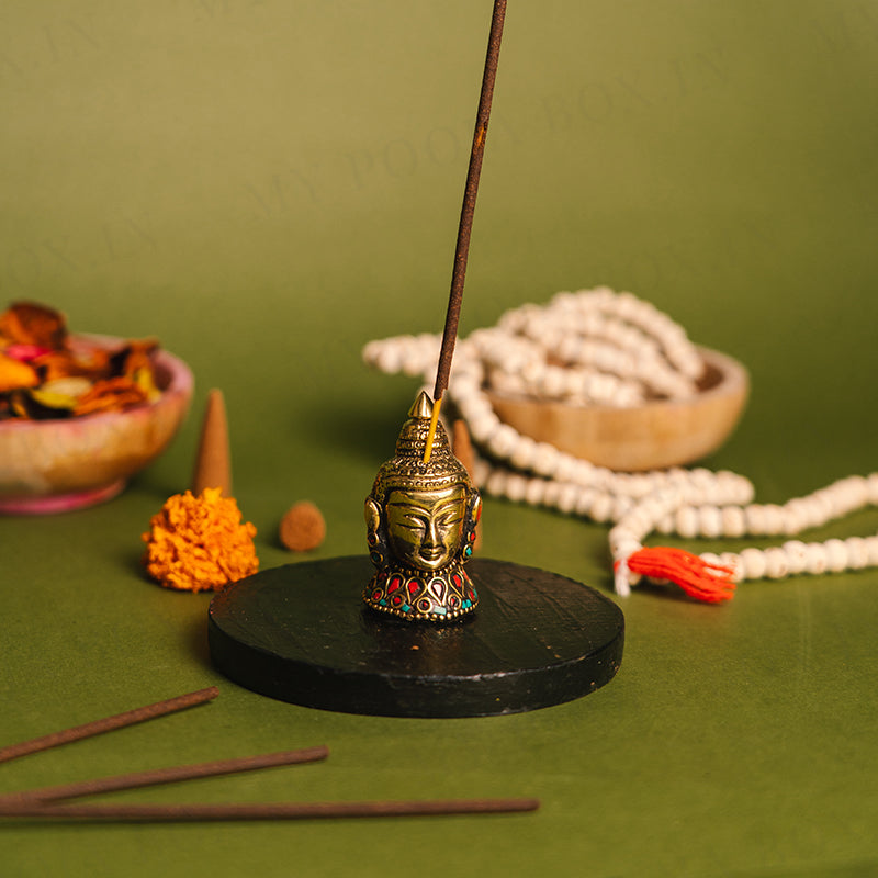 Petite Brass Buddha Incense Holder with Stone Work