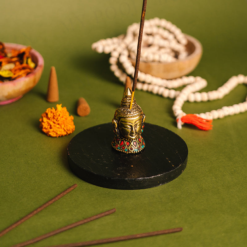 Petite Brass Buddha Incense Holder with Stone Work