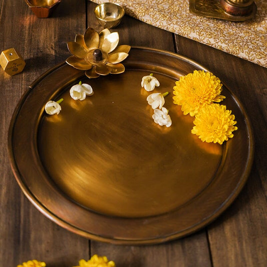 Graceful Handmade Brass Pooja Thali with Antique Detailing