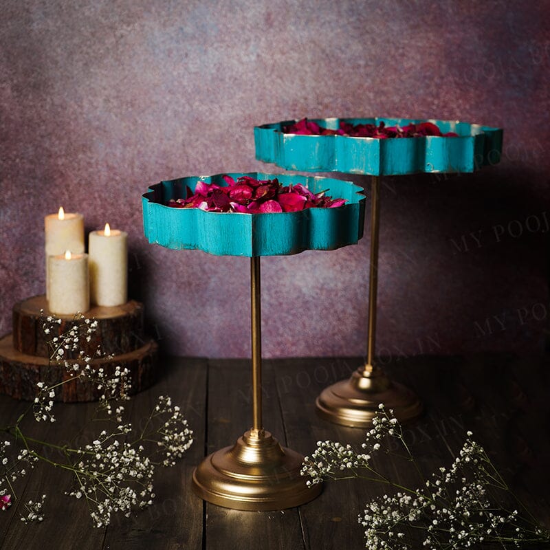 Blue And Gold Lotus Urli With Stand