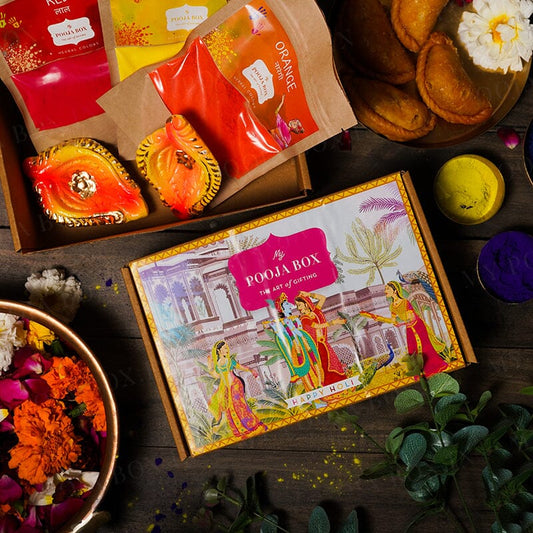 Red, Yellow & Orange Diyas & Herbal Gulaal Holi Gift Box (300gms)