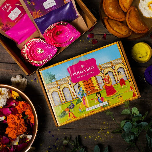 Pink & Purple Diya & Herbal Gulaal Holi Gift Box (200gms)