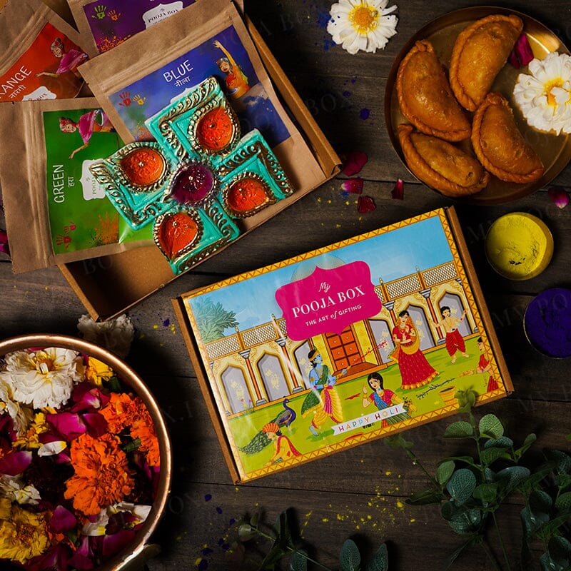 Swastik Diya & 4 Herbal Gulaal Holi Gift Box (400gms)