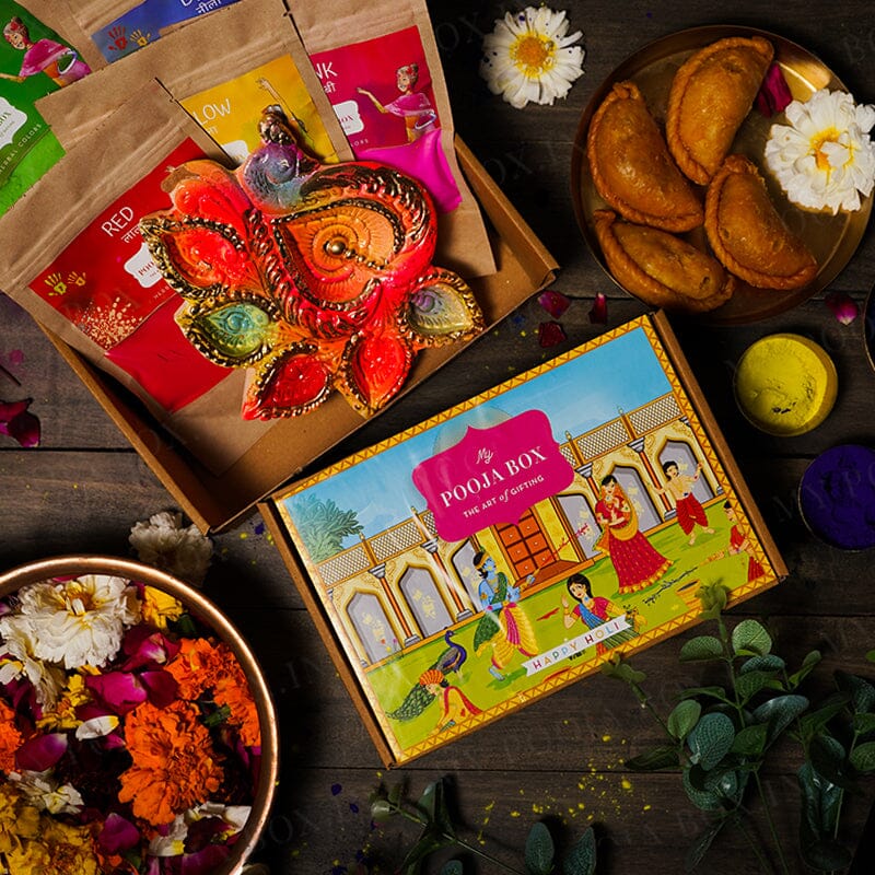 Colourful Peacock Diya & 5 Herbal Gulaal Holi Gift Box (500gms)