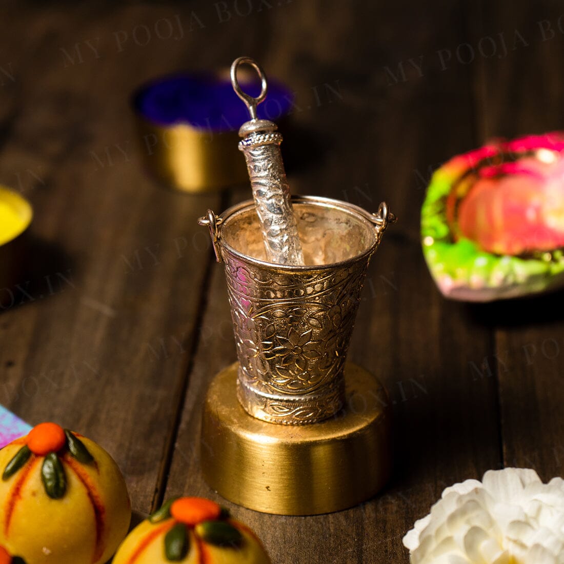 Pichkari Types Buy Silver Plated Pichkari with Bucket Online in India - Mypoojabox.in