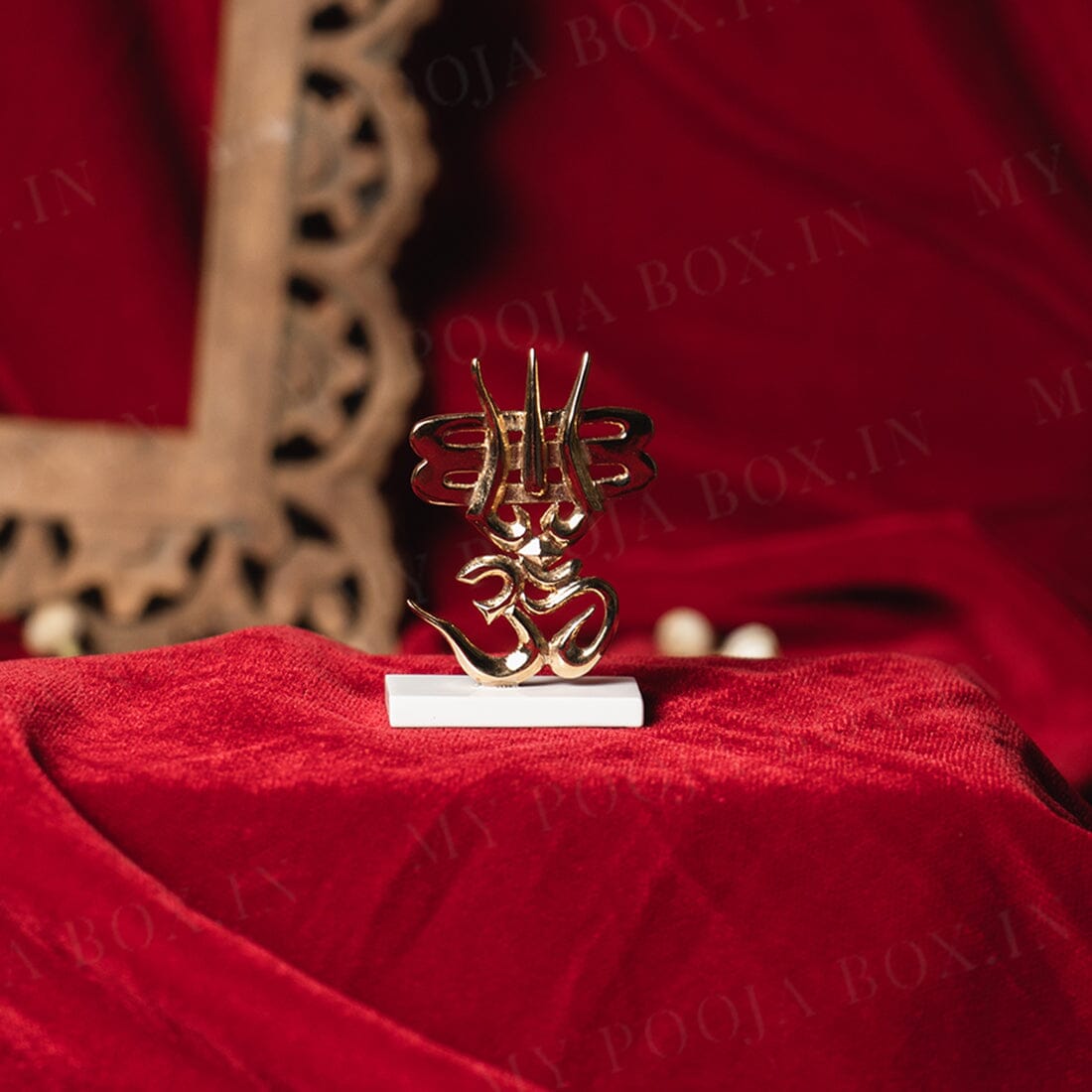 Trishul with Om Gold Plated Marble Idol (Small)