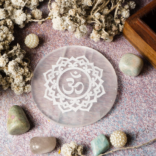 Selenite Round Charging Plate with Om Symbol – Reiki Healing Crystal Aura Chakra