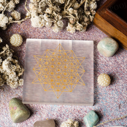 Selenite Charging Plate - Hexagon Meta-trons Cube with Flower of life motif