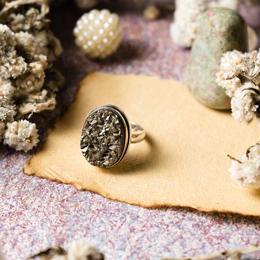 Pyrite German Silver Adjustable Ring