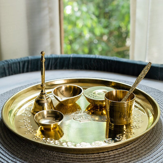 7 Piece Brass Designer Pooja Thali Set (9 Inch) Design 7