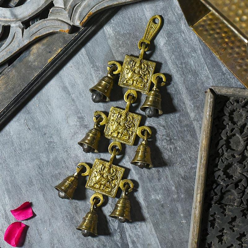 Antique Brass 7 Bells With Durga Figurine