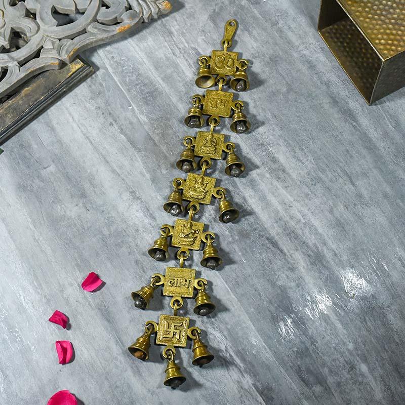 Antique Brass 15 Bells With Lakshmi Ganesh Saraswati Subh Labh Om Swastik Figurine