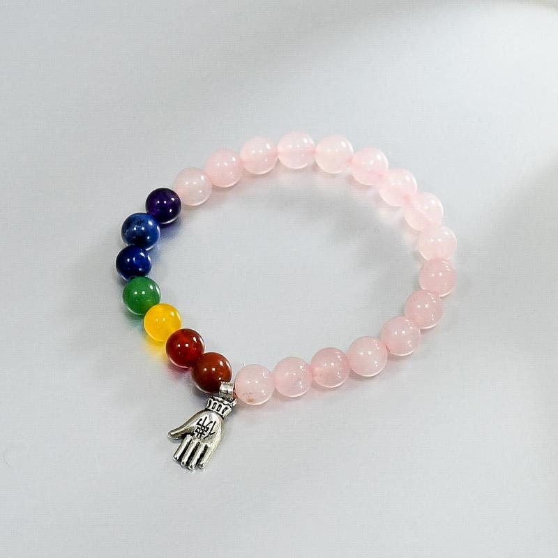 Rose Quartz and 7 Chakra Bracelet with Hamsa Charm