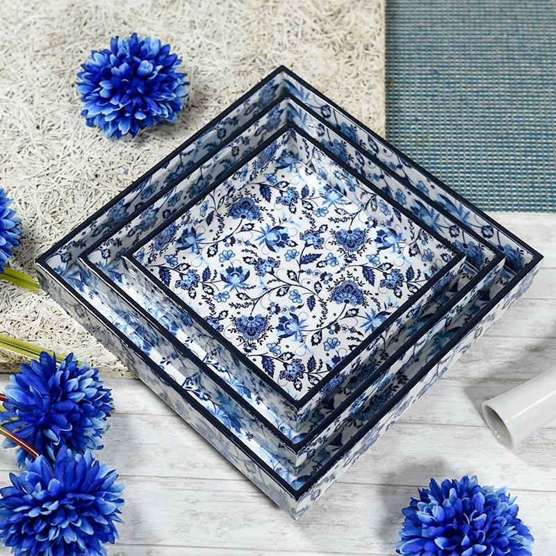 Blue Floral Serving Tray Set of 3