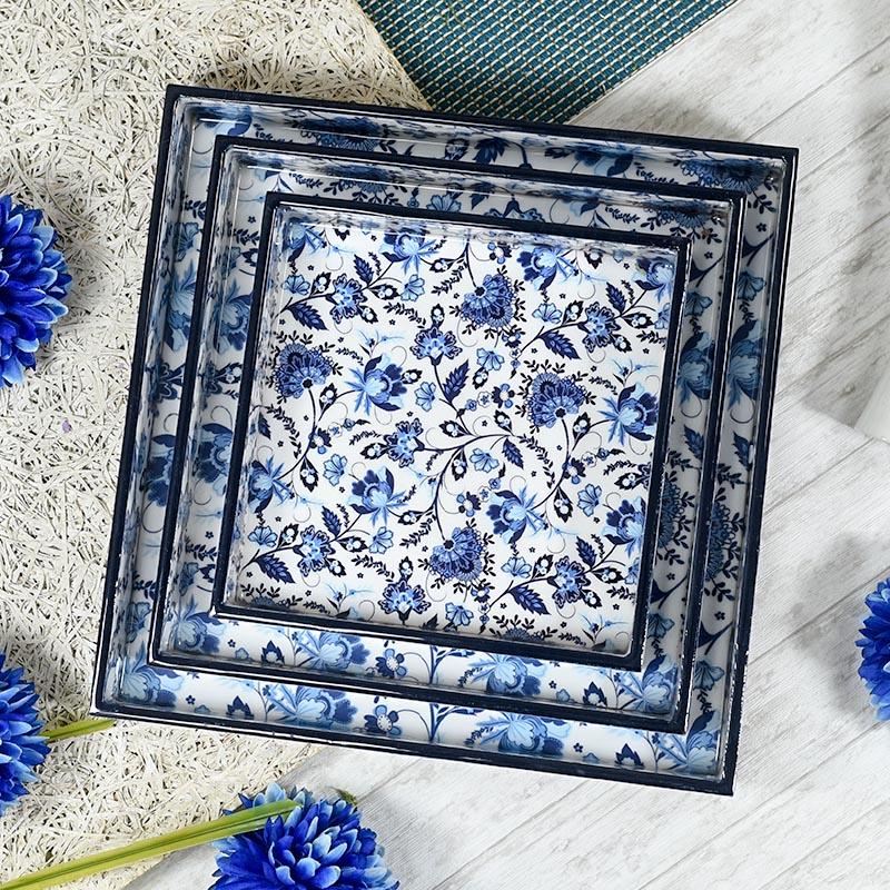 Blue Floral Serving Tray Set of 3