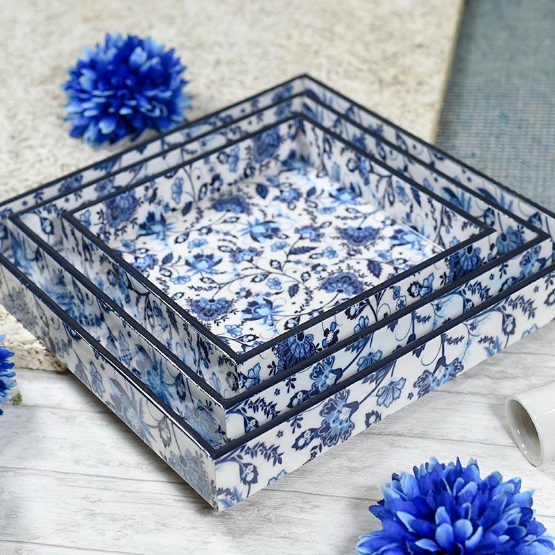 Blue Floral Serving Tray Set of 3