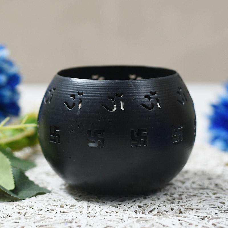 Round Black Decorative Candle Holder with Swastik Motifs