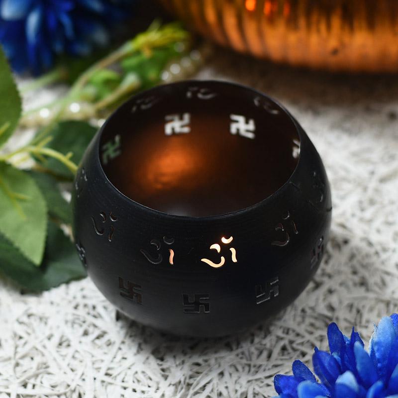 Round Black Decorative Candle Holder with Swastik Motifs