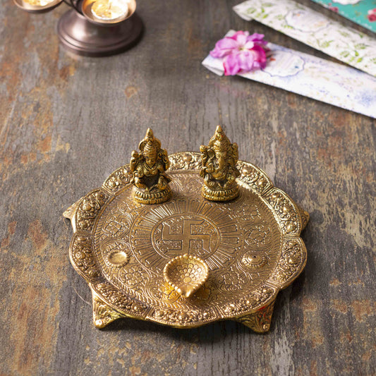 Laxmi Ganesha Brass Pooja Thali with Diya