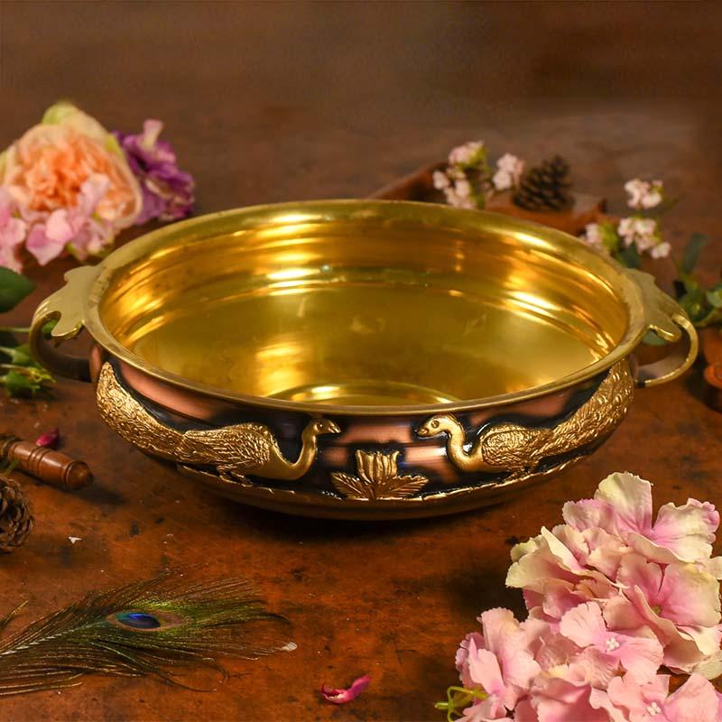 Antique Urli With Peacock And Flower Design