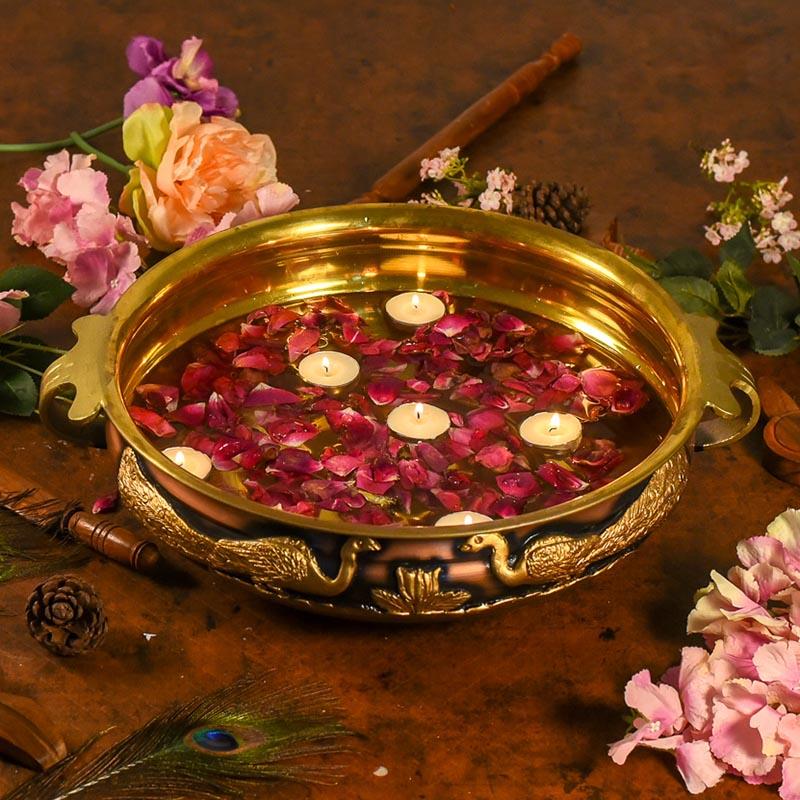 Antique Urli With Peacock And Flower Design