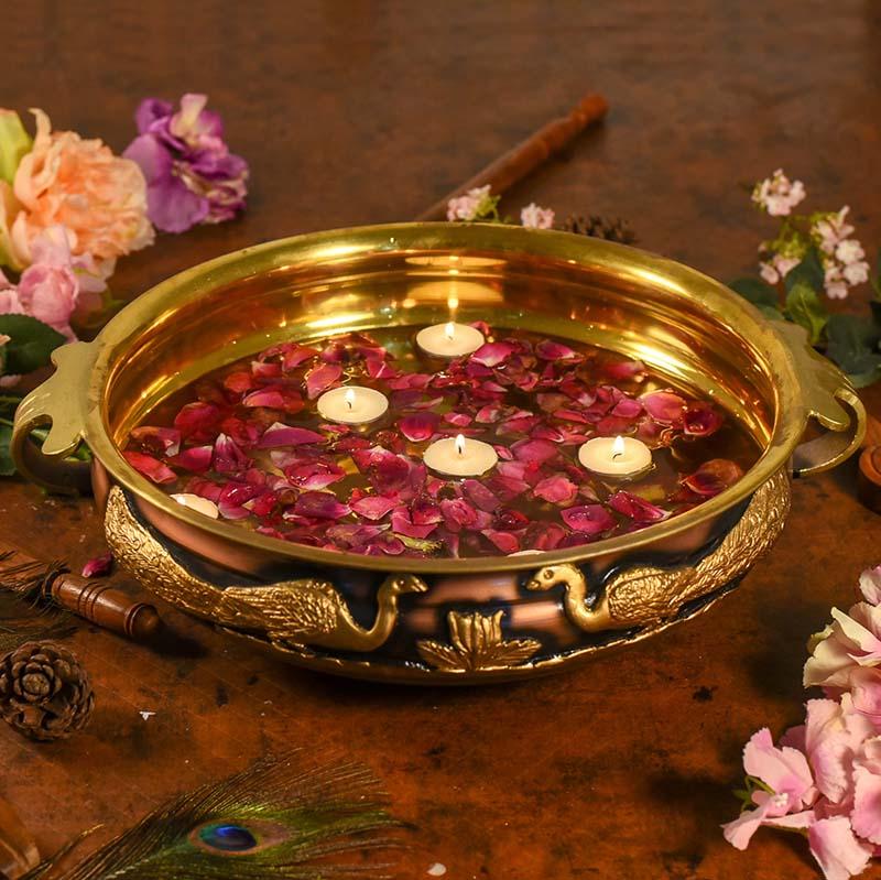 Antique Urli With Peacock And Flower Design