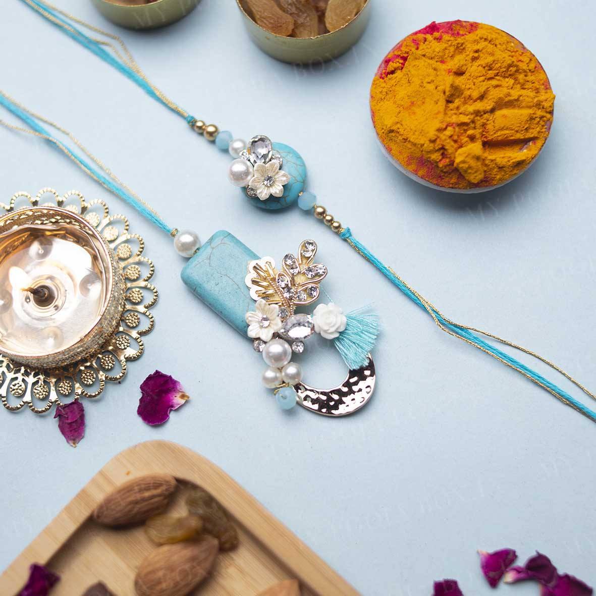 Exceptional Turquoise Bhaiya Bhabhi Rakhi
