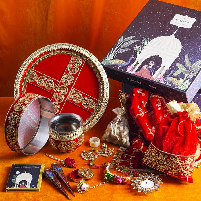 Vibrant Red Golden Embroidery Gift Box for Karwa Chauth