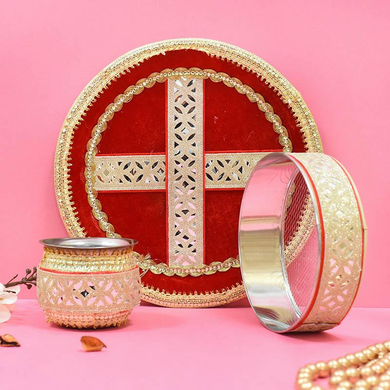 Red Mirrored Karwa Chauth Thali Set