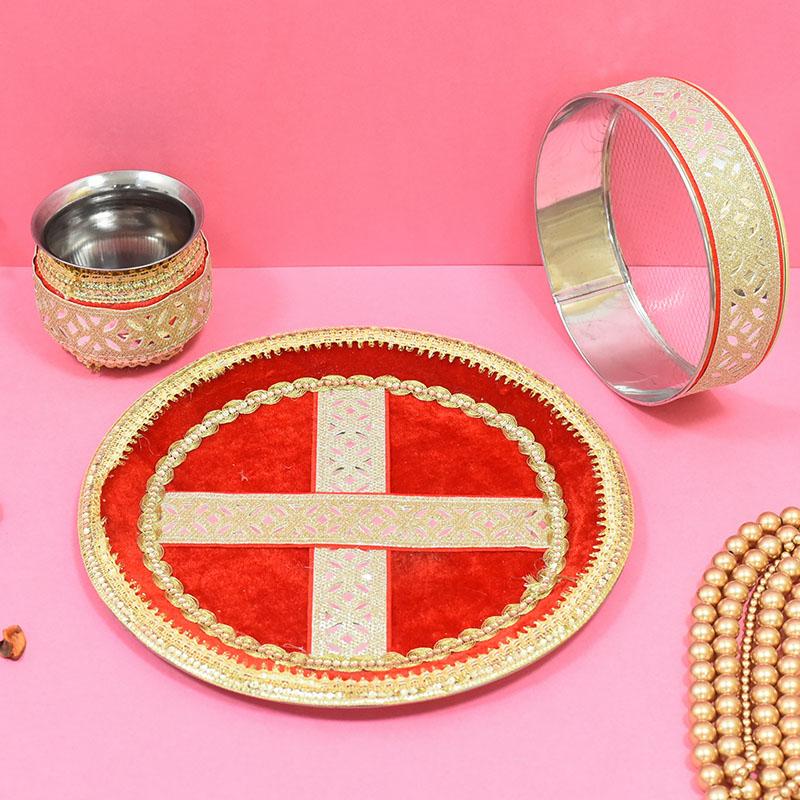 Red Mirrored Karwa Chauth Thali Set