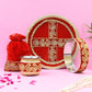 Vibrant Red Golden Embroidery Karwa Chauth Thali set With Potli