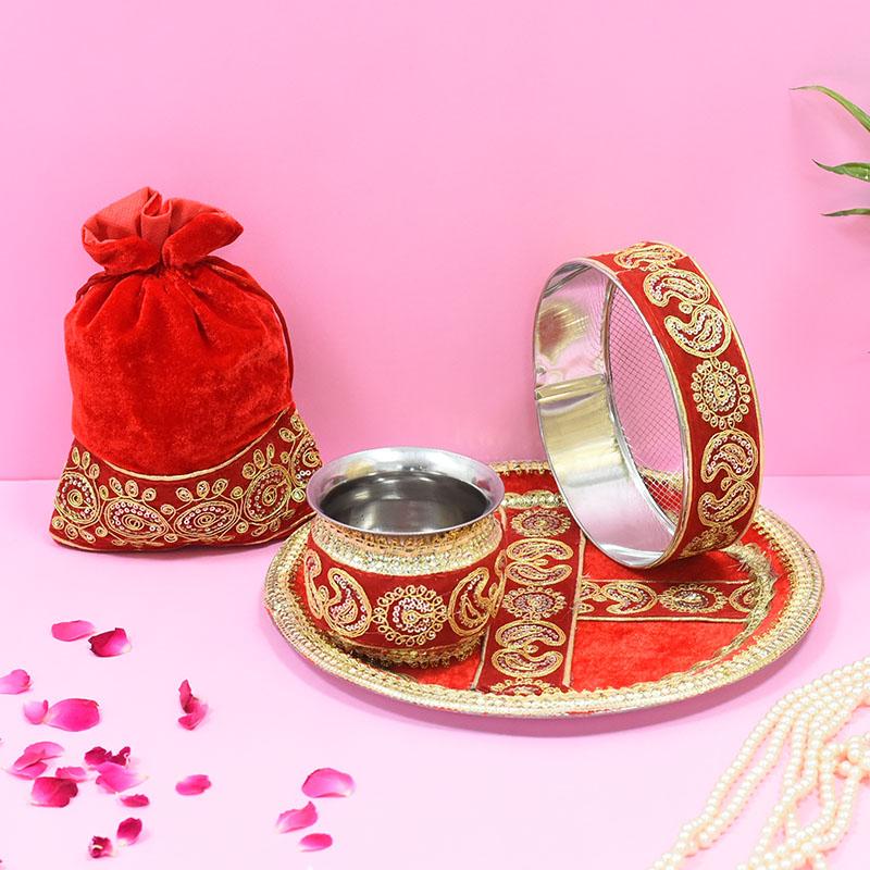 Vibrant Red Golden Embroidery Karwa Chauth Thali set With Potli
