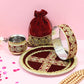 Velvet Maroon Golden Embroidery Karwa Chauth Thali set With Potli