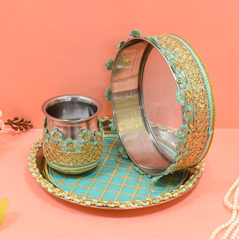 Mint Blue & Golden Lace Karwa Chauth Thali Set