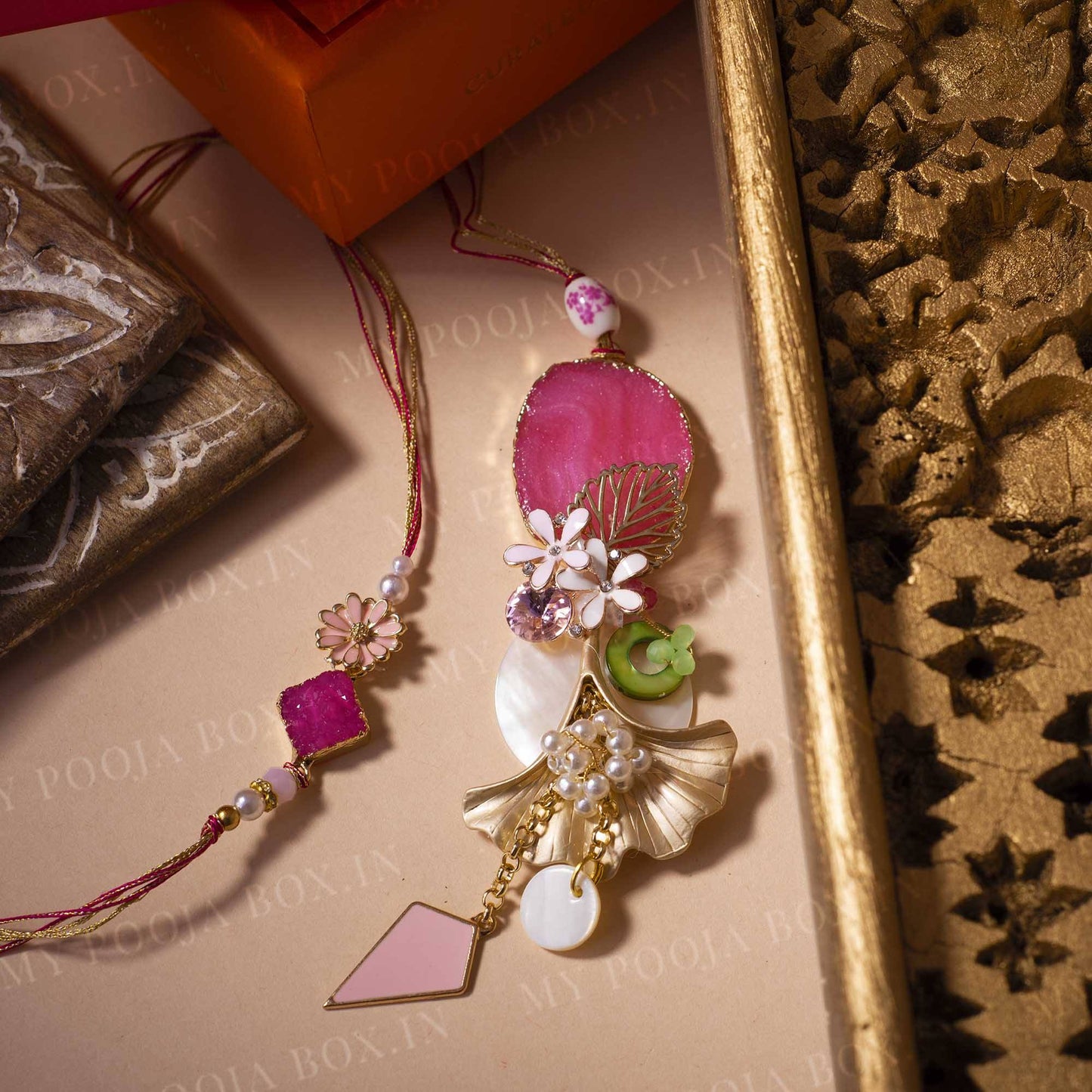 Beautiful Agate Pink Stone Bhaiya Bhabhi Rakhi (Set of 2)