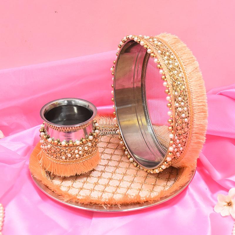 Pretty Peach Beaded Karwa Chauth Thali Set