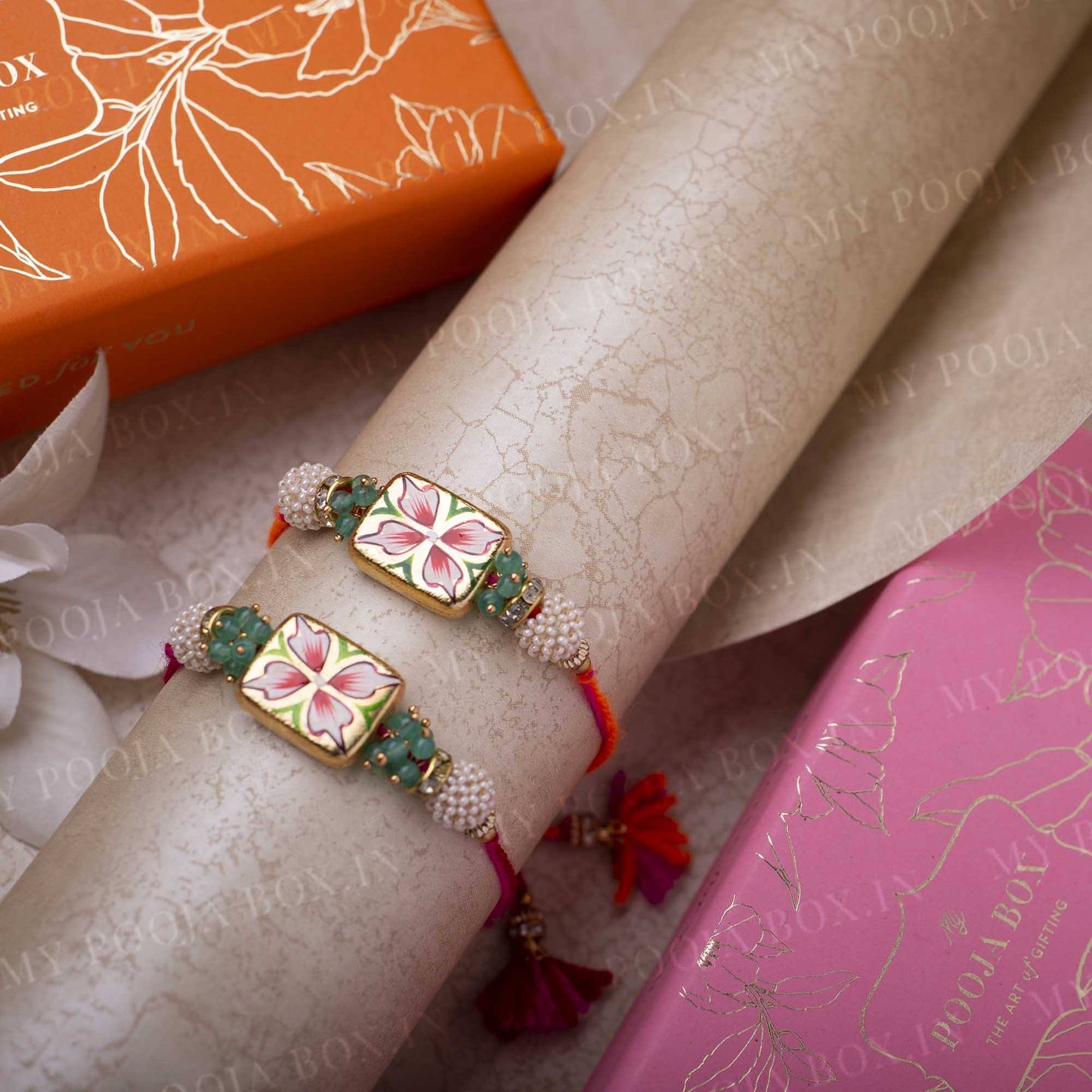 Hand Painted Floral Design Rakhi Set of 2