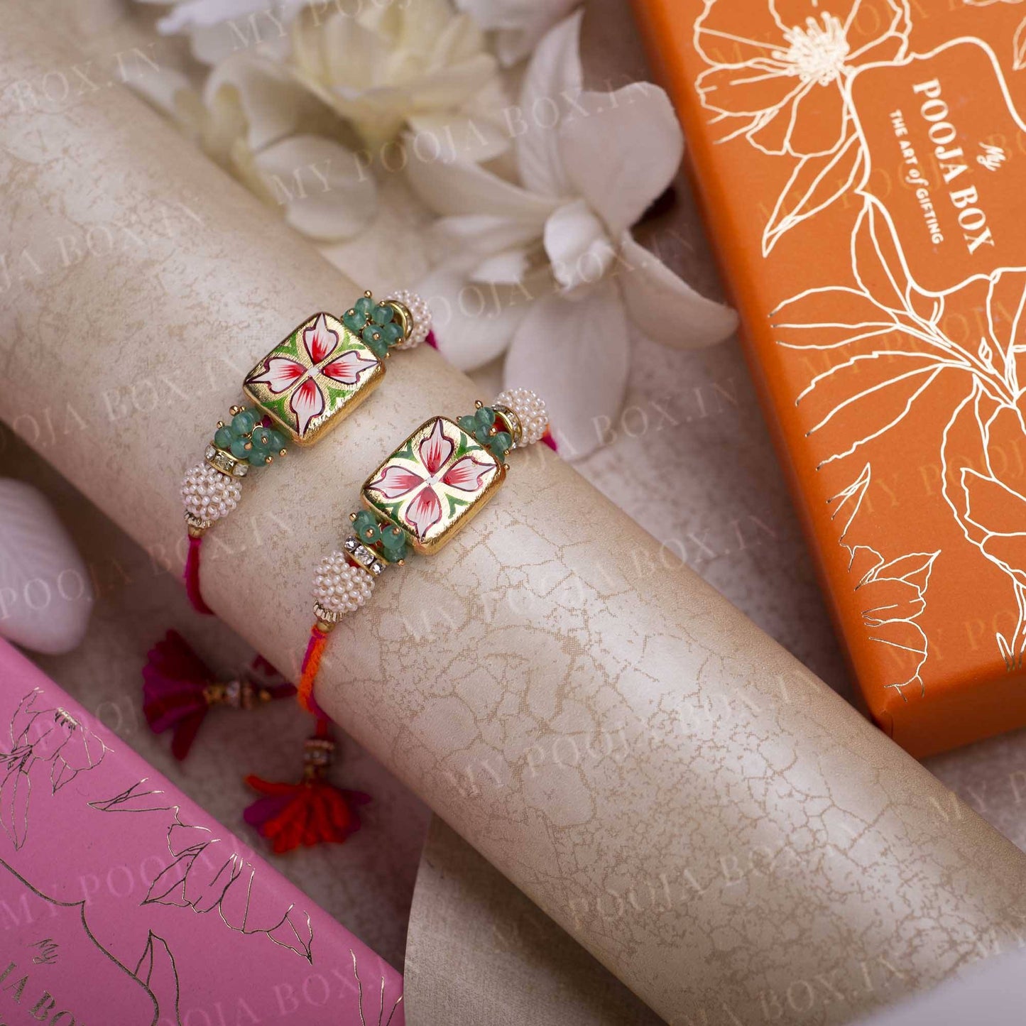 Hand Painted Floral Design Rakhi Set of 2