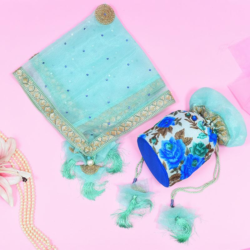 Blissful Blue Potli & Thali Cover Karwa Chauth Set