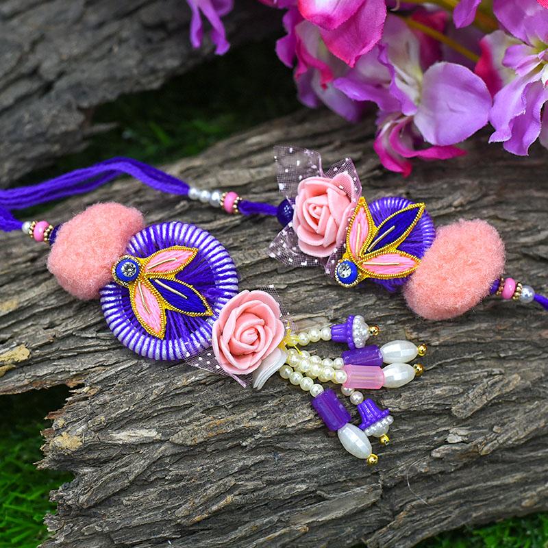 Purple Pink Floral Bhaiya Bhabhi Rakhi Set
