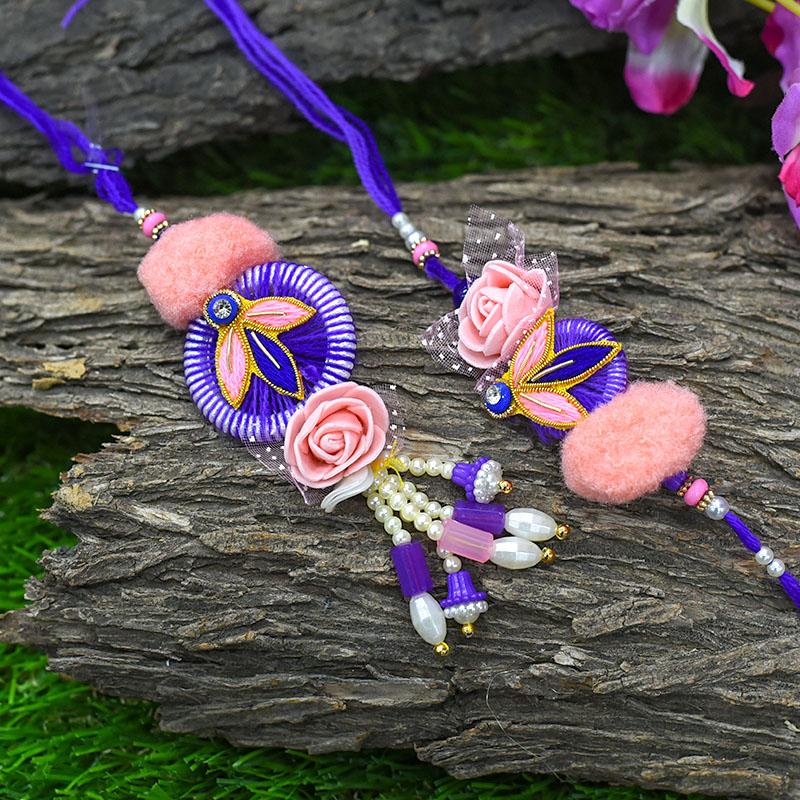 Purple Pink Floral Bhaiya Bhabhi Rakhi Set