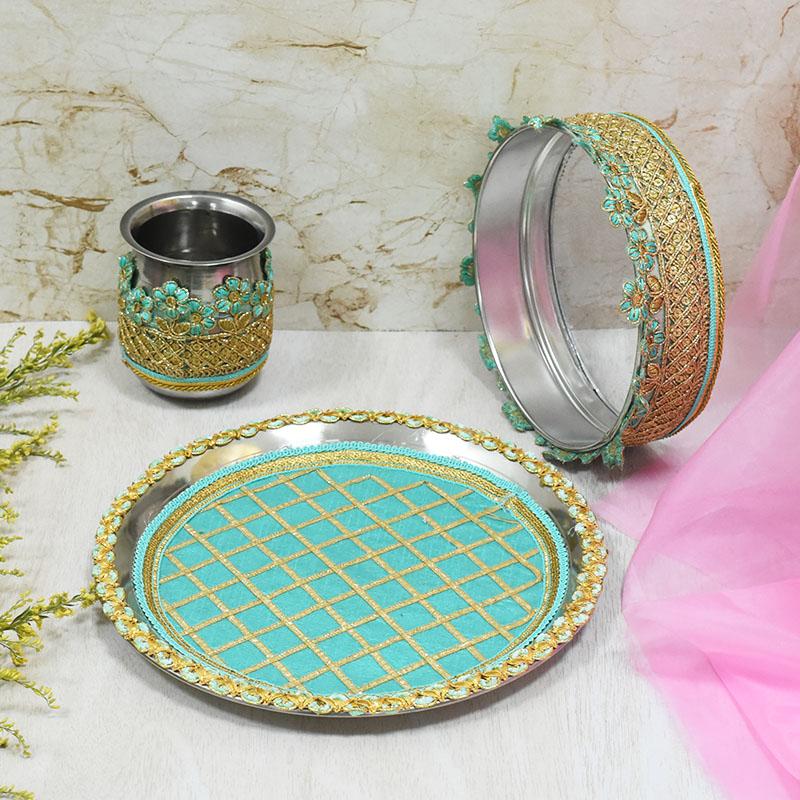 Mint Blue & Golden Lace Karwa Chauth Thali Set